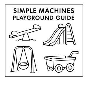 Página para colorear de máquinas simples en parque infantil con balancines, poleas y rampas para imprimir gratis