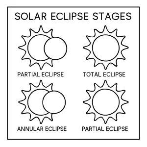 Página para colorear educativa con las etapas del eclipse solar, ideal para imprimir y aprender sobre astronomía.