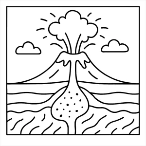 Página para colorear de corte transversal de un volcán en erupción, educativa y gratuita