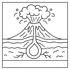 Página para colorear de corte transversal de un volcán en erupción, educativa y gratuita para imprimir