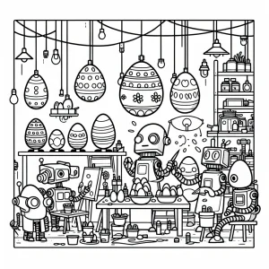 Página para colorear de robots ayudando a niños a decorar huevos de Pascua en un taller divertido