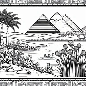 Pirámides Egipcias y flora del Nilo página para colorear, borde de jeroglíficos, dibujo imprimible para niños y adultos.