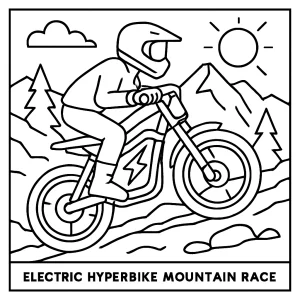 Página para colorear de una carrera de hiperbicis eléctricas en la montaña, ideal para imprimir y colorear gratis.