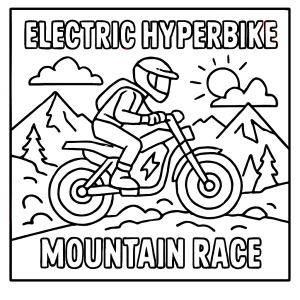 Página para colorear de una carrera de hyperbikes eléctricas en la montaña, perfecta para imprimir y colorear gratis.