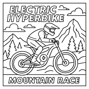página para colorear de una carrera de hyperbikes eléctricas en la montaña, lista para imprimir y colorear