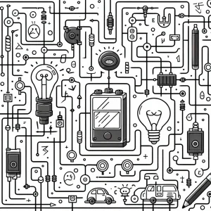 Página para colorear de laberinto de circuito eléctrico, guía la corriente desde la batería hasta el foco