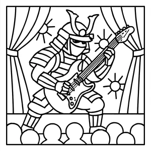 Samurái tocando guitarra eléctrica en el escenario, página para colorear para imprimir gratis