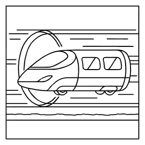 Página para colorear de una cápsula Hyperloop viajando dentro de un túnel transparente, vista lateral en corte