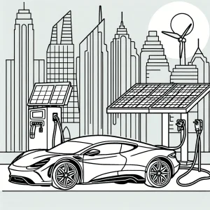 Página para colorear de un superauto eléctrico en una estación solar frente a un skyline moderno