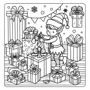 página para colorear de un duende envolviendo regalos navideños