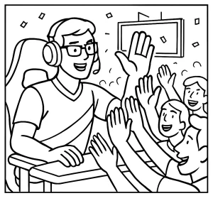 Página para colorear de un campeón de Esports saludando a sus fans con un high-five