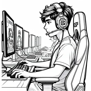 Página para colorear de un gamer de esports concentrado en su ordenador, usando headset, lista para imprimir y colorear gratis.