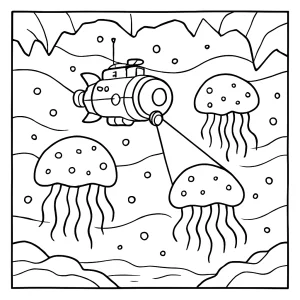 Página para colorear de sonda submarina en Europa descubriendo aliens gelatinosos luminosos bajo el océano de hielo