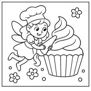 Página para colorear de una hada pastelera glaseando un cupcake gigante, ideal para imprimir y colorear gratis.