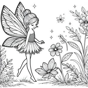 Página para colorear de hada con alas brillantes en un jardín mágico rodeada de flores, lista para imprimir y pintar.