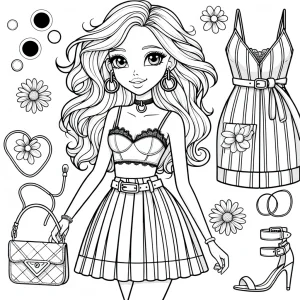 Página para colorear de una chica a la moda vistiendo un conjunto estiloso