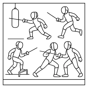 Página para colorear de un atleta de esgrima entrenando, lista para imprimir y colorear