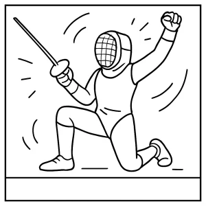página para colorear de un atleta de esgrima celebrando una victoria