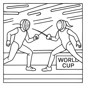 Página para colorear de un duelo de esgrima mixto bajo luces de neón en la Copa Mundial