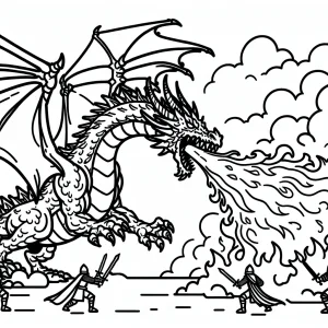 página para colorear de un dragón lanzando fuego en una batalla épica
