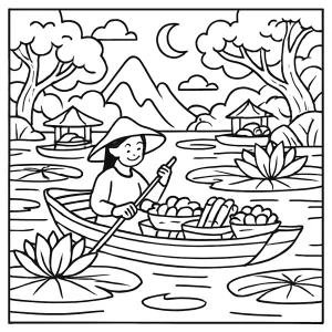 Página para colorear de un mercado flotante sobre lirios en un reino encantado, lista para imprimir y colorear gratis
