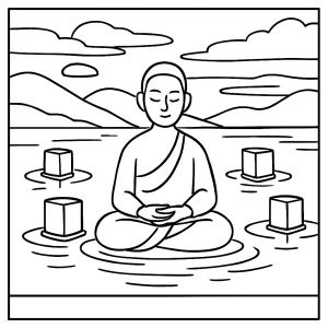 Page de coloriage gratuite représentant des lanternes flottantes sur un lac paisible au crépuscule