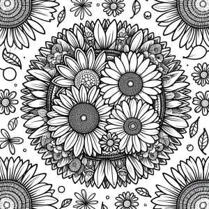 Página para colorear de mandala floral con margaritas y girasoles, diseño intrincado para imprimir y colorear