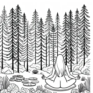 Página para colorear de persona meditando bajo pinos altos en un bosque tranquilo