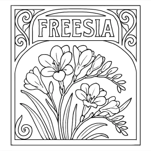 Freesia Art Nouveau page de coloriage à imprimer, affiche florale à colorier