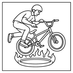 page de coloriage BMX freestyle tail-whip au-dessus d’un anneau de feu LED, à imprimer gratuitement