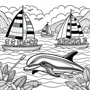 Página para colorear de un delfín guiando niños en una regata de veleros hechos con botellas recicladas