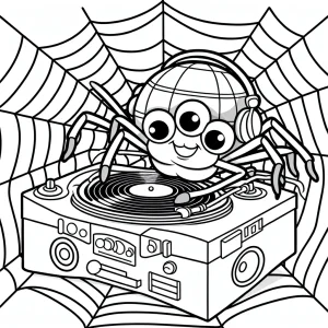 Página para colorear de una araña DJ en una disco de telaraña con insectos bailando y luces divertidas