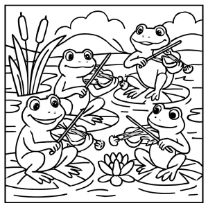 Página para colorear de ranas tocando violín en un estanque de nenúfares en primavera