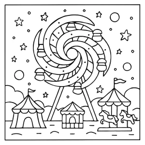 página para colorear de carnaval galáctico con noria en forma de galaxia espiral para imprimir gratis