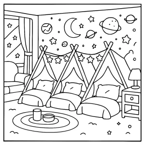 Galaxy-themed sleepover tent city coloring page with cozy tents and space decorations for kids to color