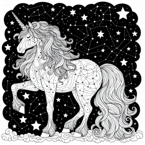 página para colorear de unicornio galáctico con melena de constelaciones y fondo de galaxia