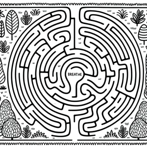 Laberinto de jardín con frases de mindfulness, página para colorear gratis