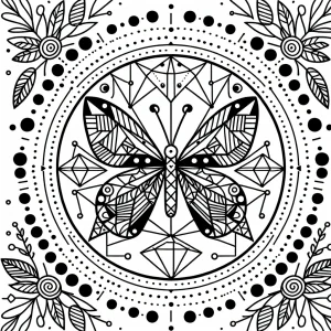 Página para colorear de alas de mariposa geométricas en un patrón circular para imprimir gratis