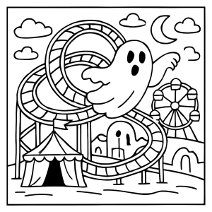 Página para colorear de montaña rusa fantasma en carnaval abandonado, para imprimir y colorear gratis