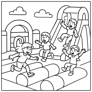 page de coloriage représentant des enfants sautant sur un parcours gonflable géant lors d'une fête