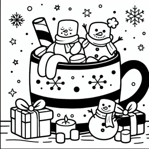 página para colorear de cacao de menta con muñecos de nieve de malvavisco, lista para imprimir y colorear
