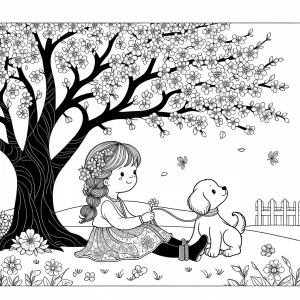 Página para colorear de una niña y un perrito sentados bajo un cerezo en flor, lista para imprimir y colorear.