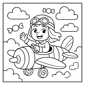 Página para colorear de una niña piloto volando un avión hecho de caramelos y dulces