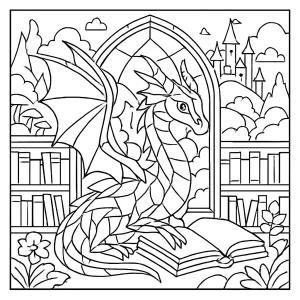 Página para colorear de la Biblioteca de Dragón de Cristal en un reino encantado con un dragón mágico y estantes llenos de libros.