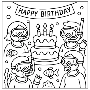 page de coloriage anniversaire sous-marin fluo avec invités en masques de plongée et bâtons lumineux