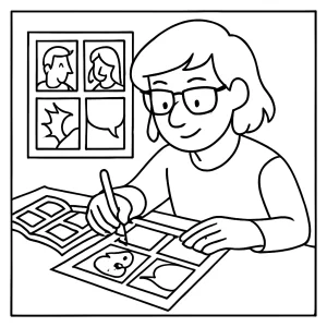 página para colorear de un novelista gráfico dibujando paneles de cómic