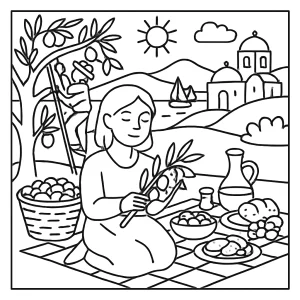 Page de coloriage gratuite représentant un pique-nique de récolte d’olives en Grèce pour enfants