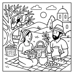 Página para colorear de picnic de cosecha de aceitunas en Grecia para imprimir y colorear gratis