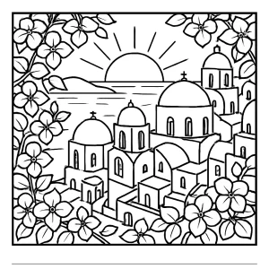 page de coloriage d’un village grec avec dômes bleus et bougainvilliers au coucher du soleil