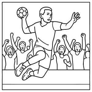 Página para colorear de un atleta de balonmano lanzando el balón con una multitud animando en el fondo